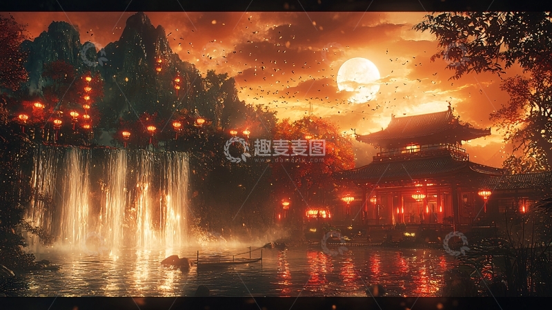 高清大图下载【趣麦麦图】月下古风建筑群山