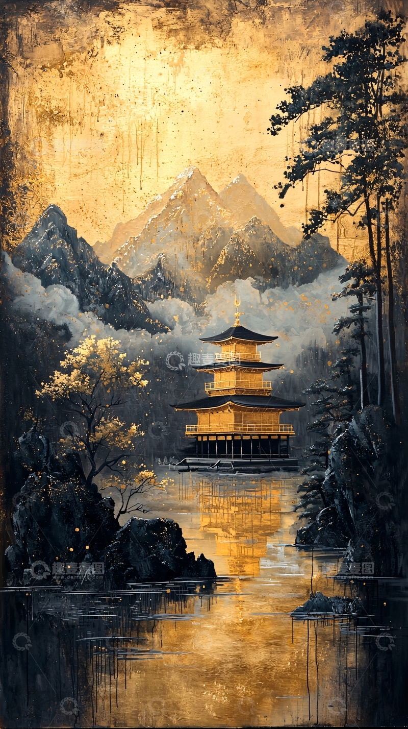 高清大图下载【趣麦麦图】金色寺庙山水风景