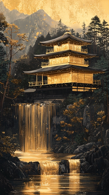金色寺庙瀑布