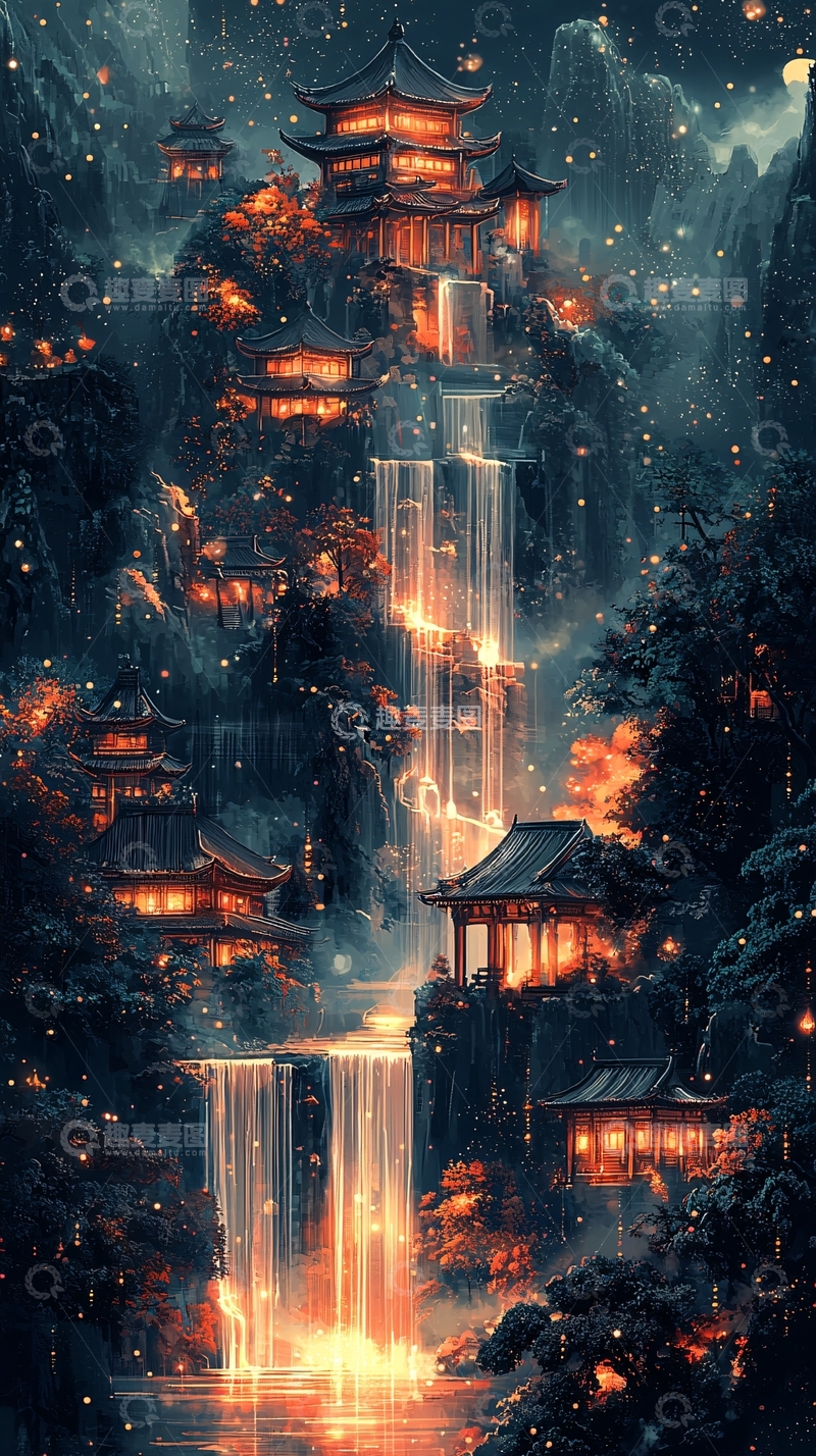 高清大图下载【趣麦麦图】夜色下的山间寺庙瀑布美景