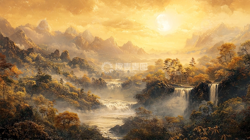 高清大图下载【趣麦麦图】金色阳光下的山峦瀑布