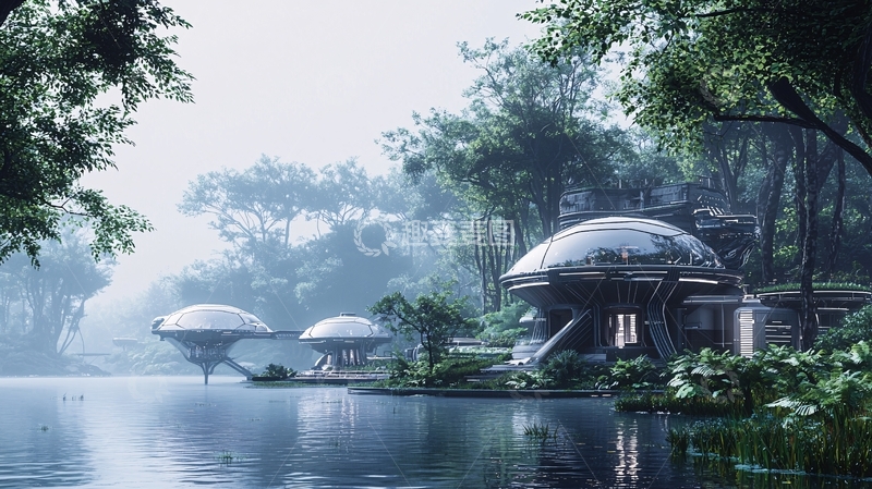 高清大图下载【趣麦麦图】雾气森林湖泊未来建筑