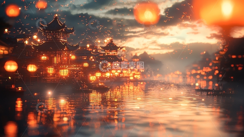 高清大图下载【趣麦麦图】古风建筑灯笼倒影夜景