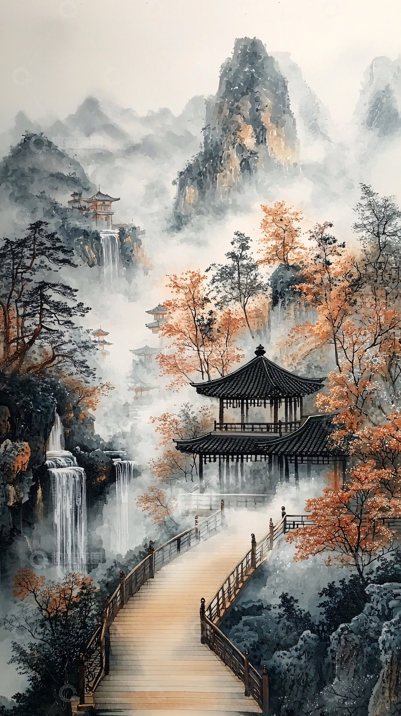 高清大图下载【趣麦麦图】中国风山水亭台楼阁秋景图