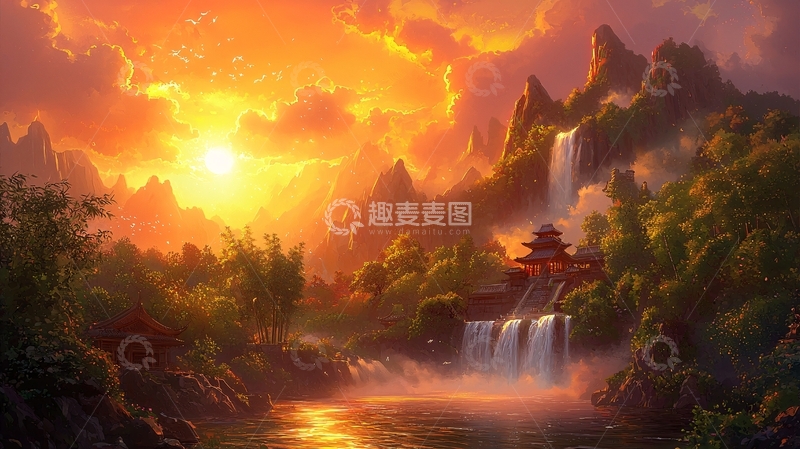 高清大图下载【趣麦麦图】金色夕阳下的壮丽山河