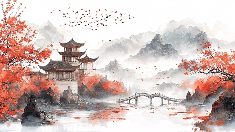 高清大图下载【趣麦麦图】水墨风山水红叶古建筑