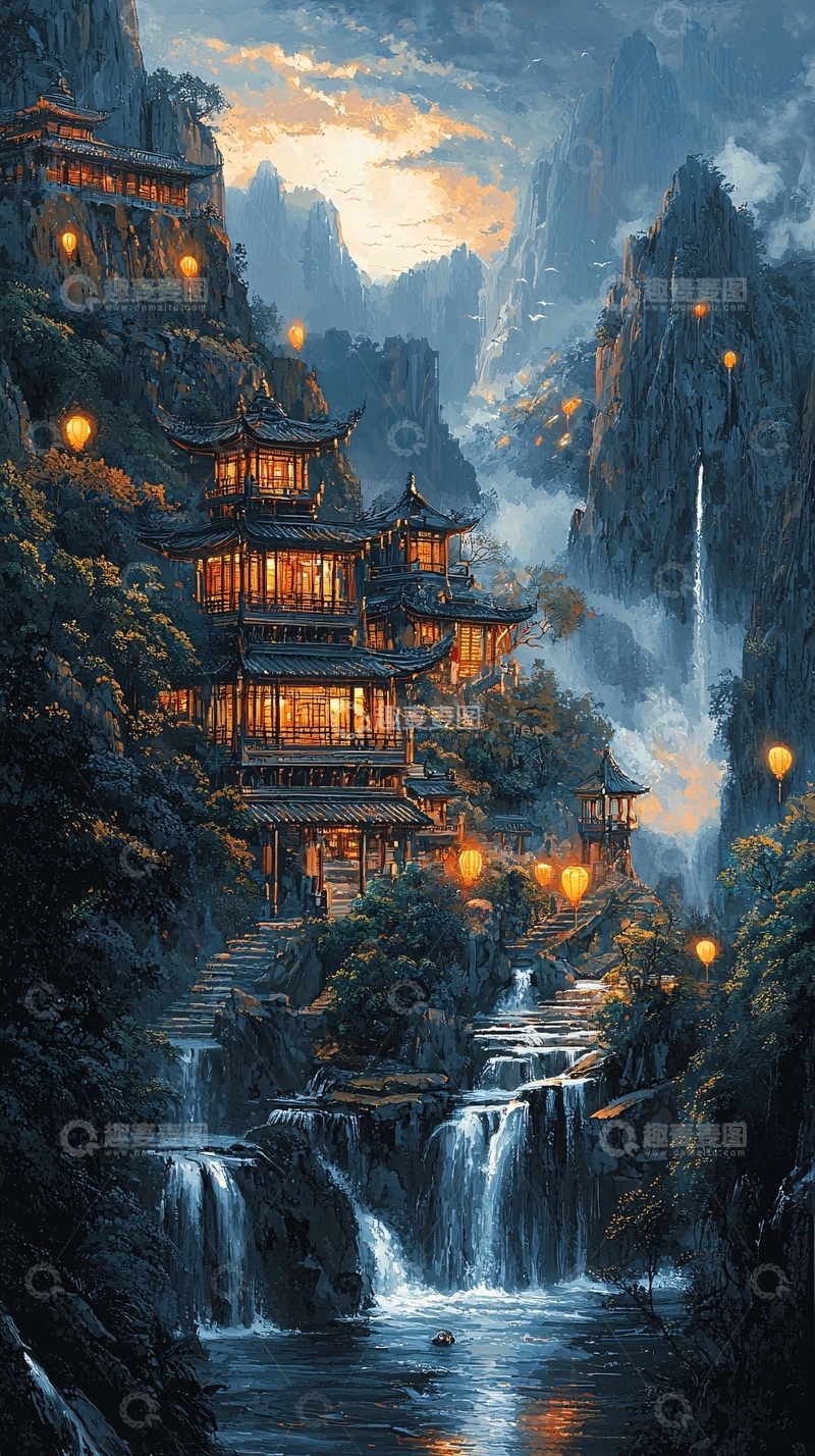 高清大图下载【趣麦麦图】山间灯火点缀的古建筑群