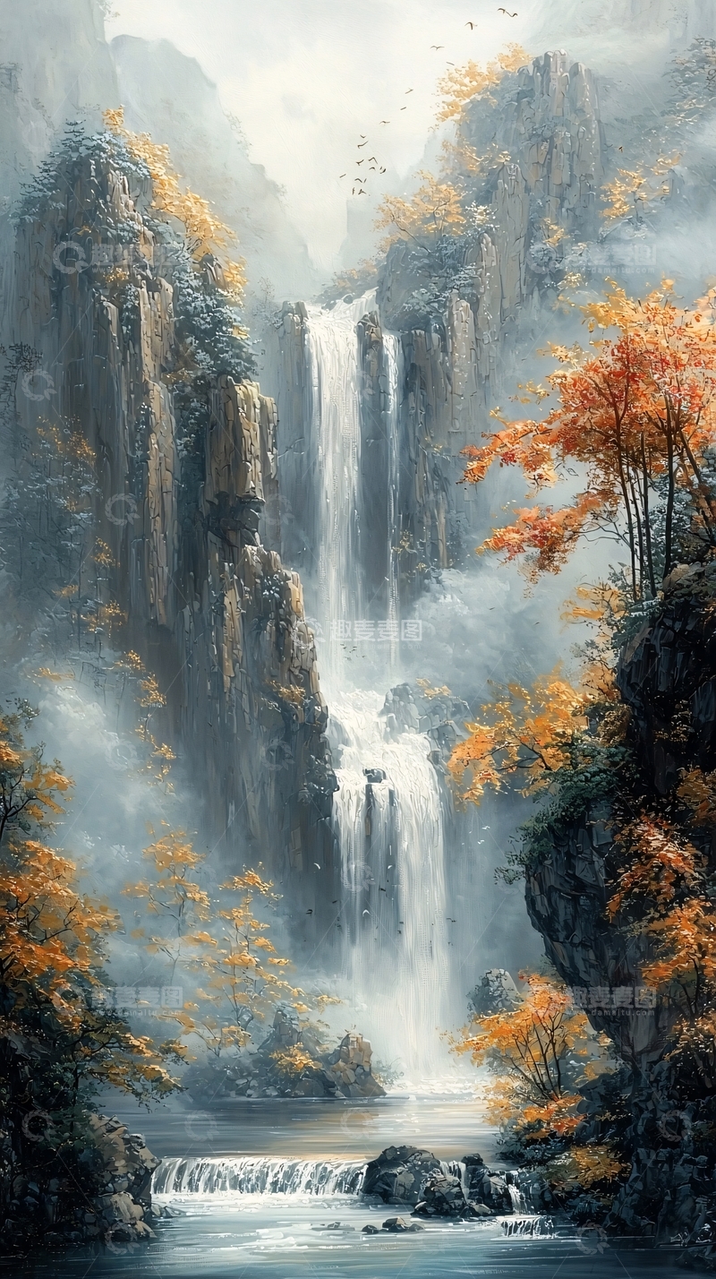 高清大图下载【趣麦麦图】壮丽山水间的瀑布