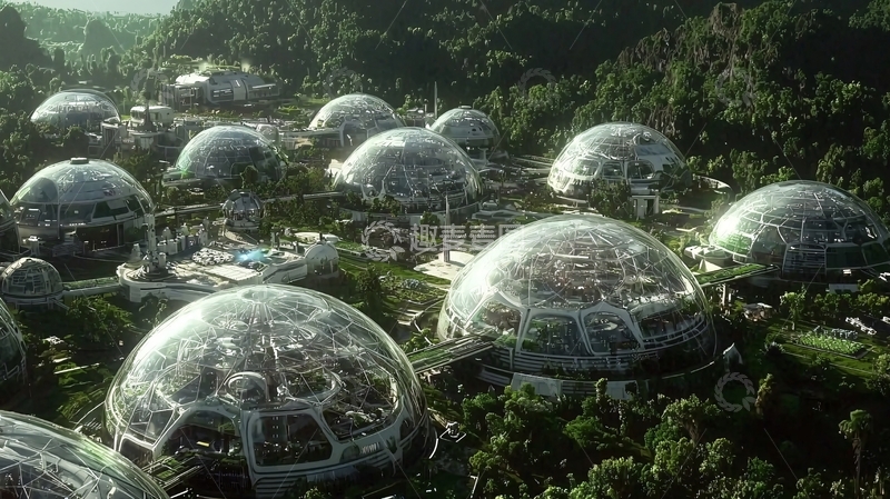 高清大图下载【趣麦麦图】山谷中透明穹顶建筑群