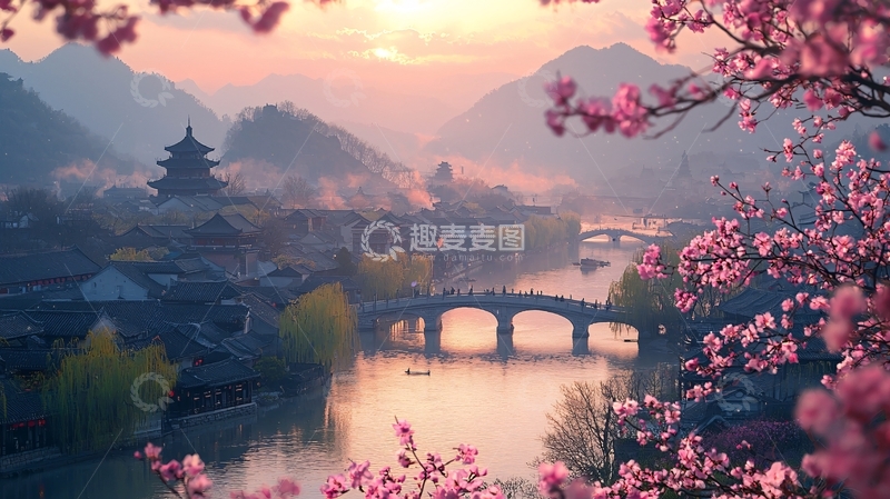 高清大图下载【趣麦麦图】夕阳下的古镇春景