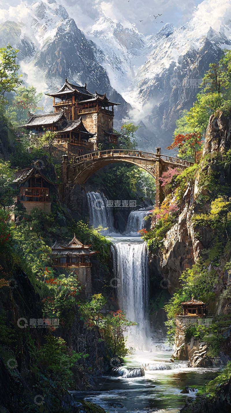 高清大图下载【趣麦麦图】山间瀑布古风建筑