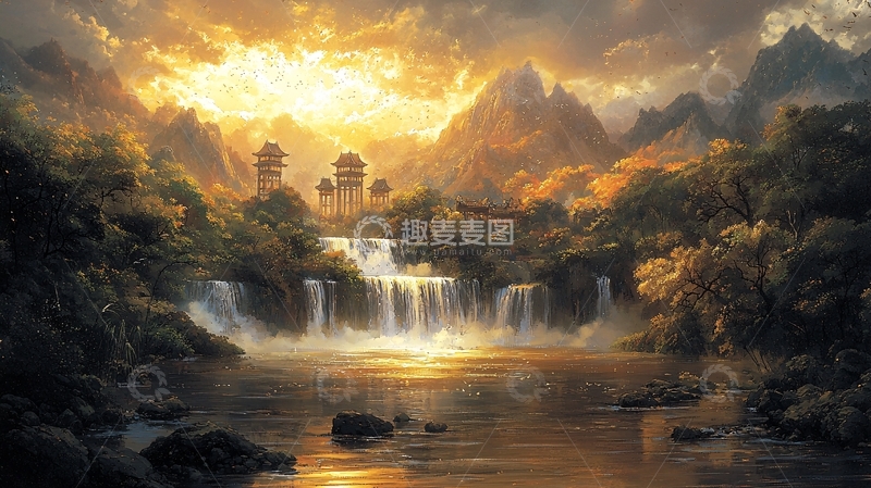 高清大图下载【趣麦麦图】金色光芒下的瀑布山水