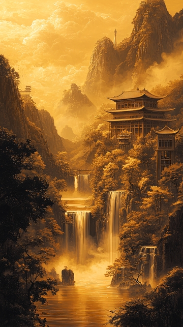 金色山谷瀑布古寺