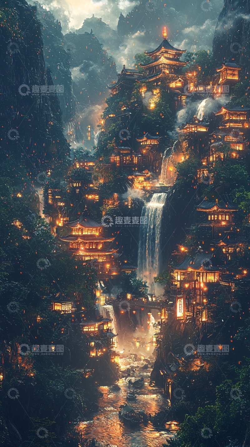 高清大图下载【趣麦麦图】山间夜景小镇