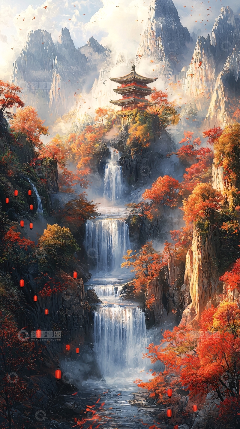 高清大图下载【趣麦麦图】秋季山水瀑布亭阁