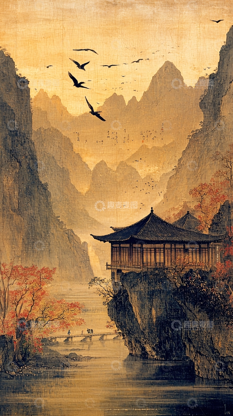 高清大图下载【趣麦麦图】中国风山水建筑飞鸟水墨画