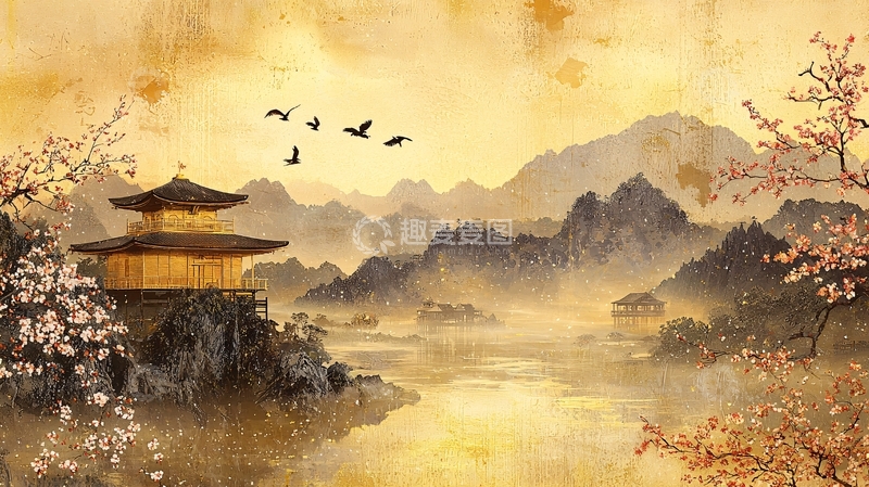 高清大图下载【趣麦麦图】金色亭台山水飞鸟国风