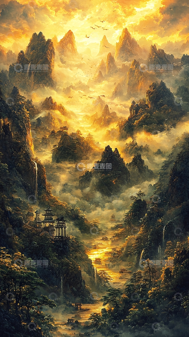 高清大图下载【趣麦麦图】金色山峦云雾缭绕