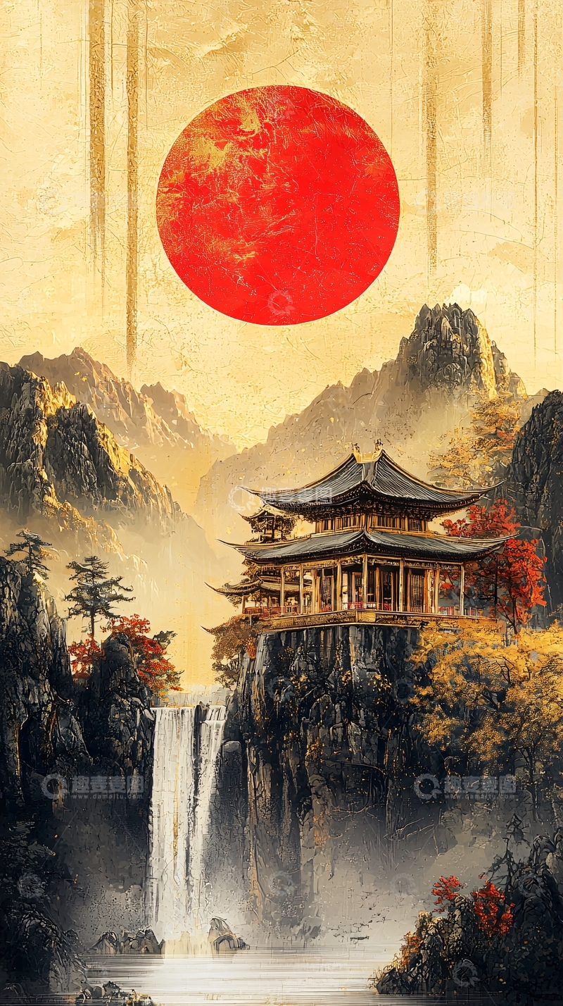 高清大图下载【趣麦麦图】山水亭台红日