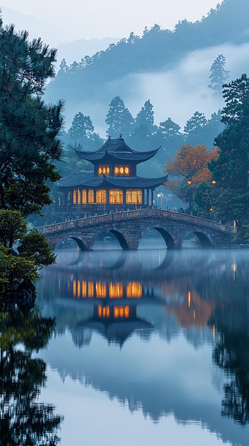 宁静湖面上的中式建筑