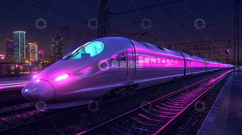 高清大图下载【趣麦麦图】夜晚霓虹高铁列车