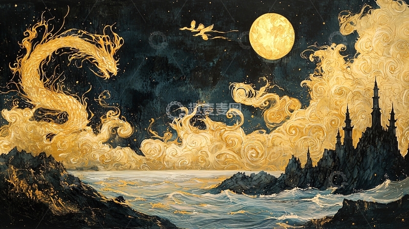 高清大图下载【趣麦麦图】黄金龙盘旋在夜空之上