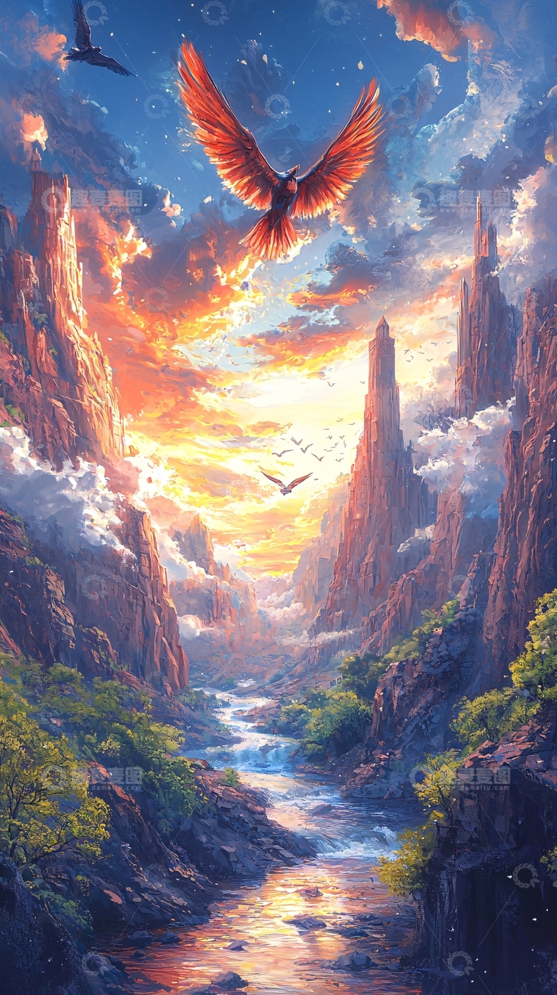 高清大图下载【趣麦麦图】壮丽山谷中飞翔的红鸟