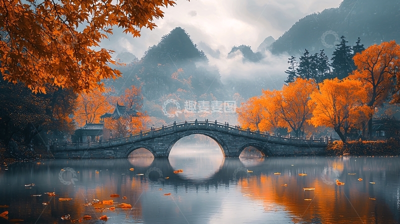 高清大图下载【趣麦麦图】秋色山水桥