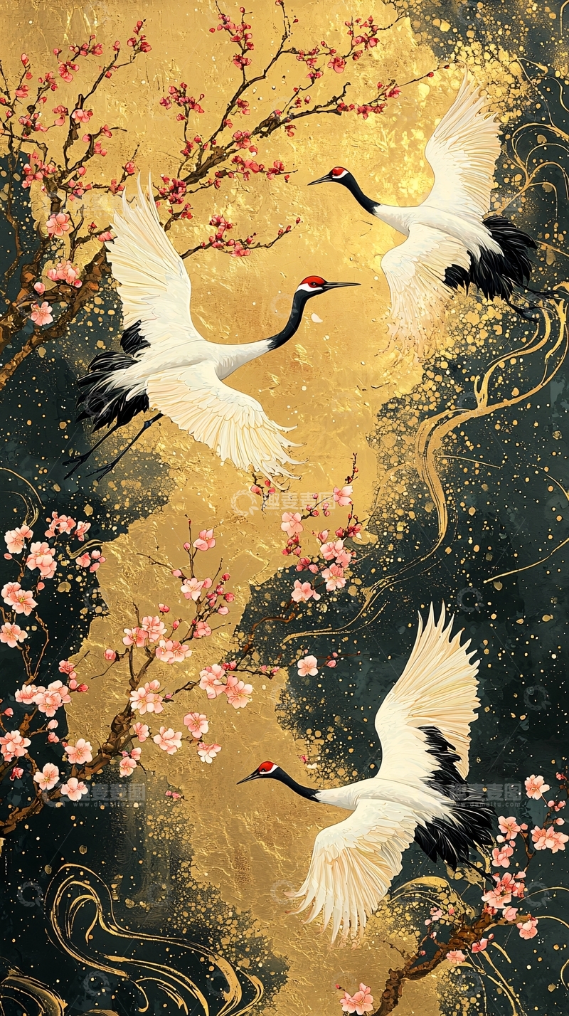 高清大图下载【趣麦麦图】金箔背景水墨丹顶鹤