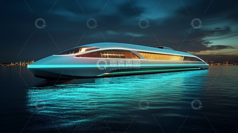 高清大图下载【趣麦麦图】夜间海面未来概念船