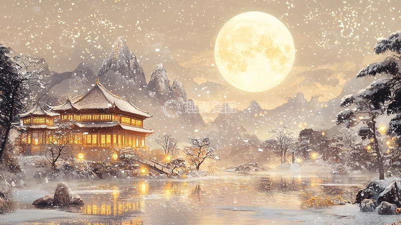 高清大图下载【趣麦麦图】雪夜下的唯美古建筑