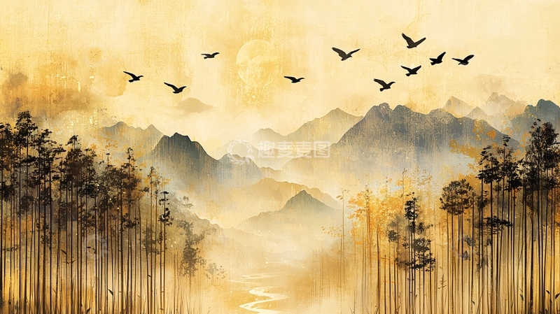 高清大图下载【趣麦麦图】水墨山水飞鸟金色背景