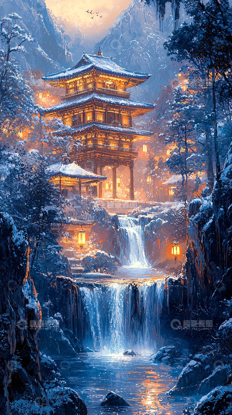 高清大图下载【趣麦麦图】雪山中的灯火阑珊的寺庙
