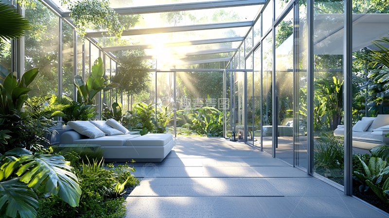 高清大图下载【趣麦麦图】阳光透过玻璃房洒在绿植上