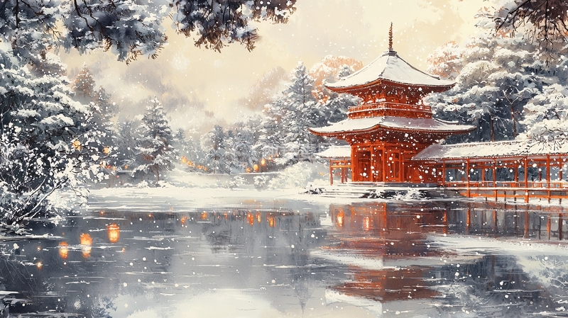 高清大图下载【趣麦麦图】雪中红寺庙水面倒影