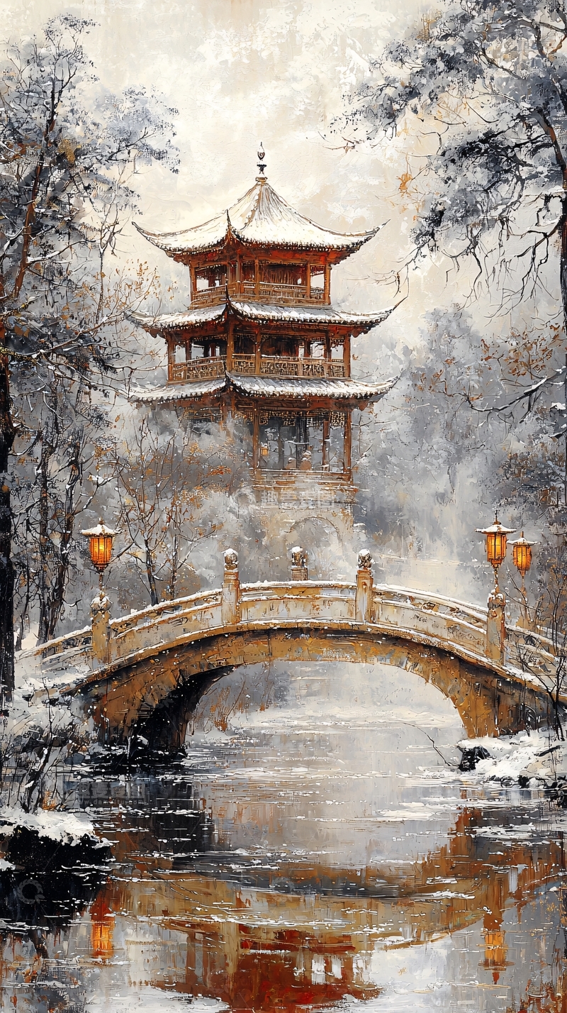 高清大图下载【趣麦麦图】雪中楼阁桥梁风景