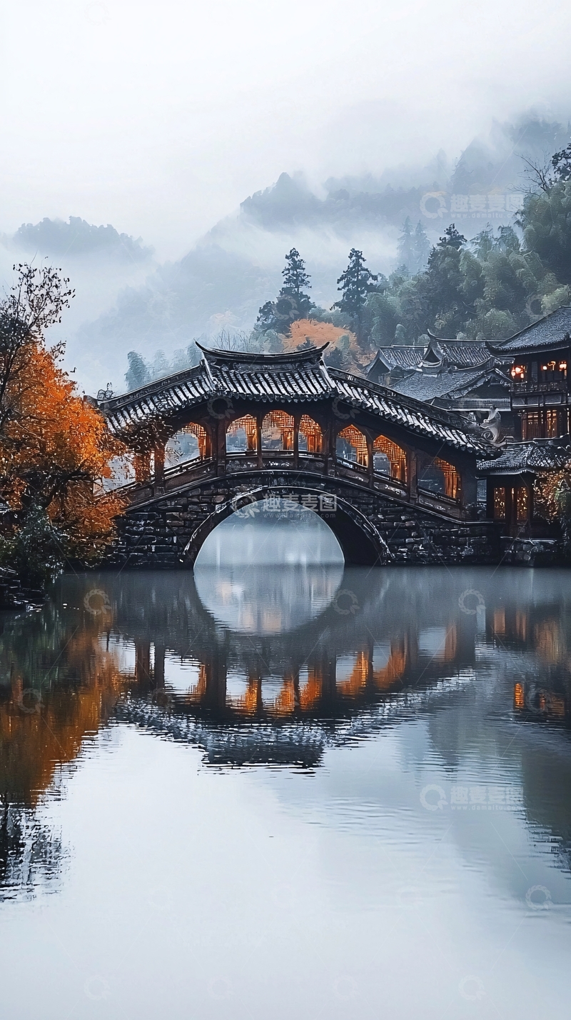 高清大图下载【趣麦麦图】水面上石桥的倒影