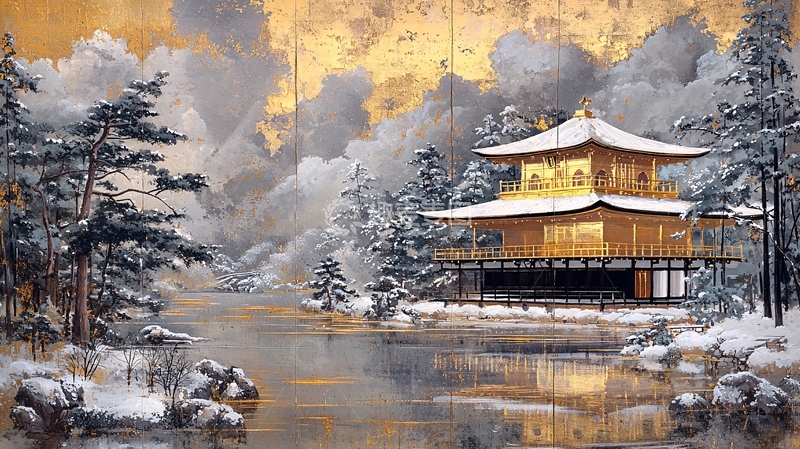 高清大图下载【趣麦麦图】金色寺庙雪景