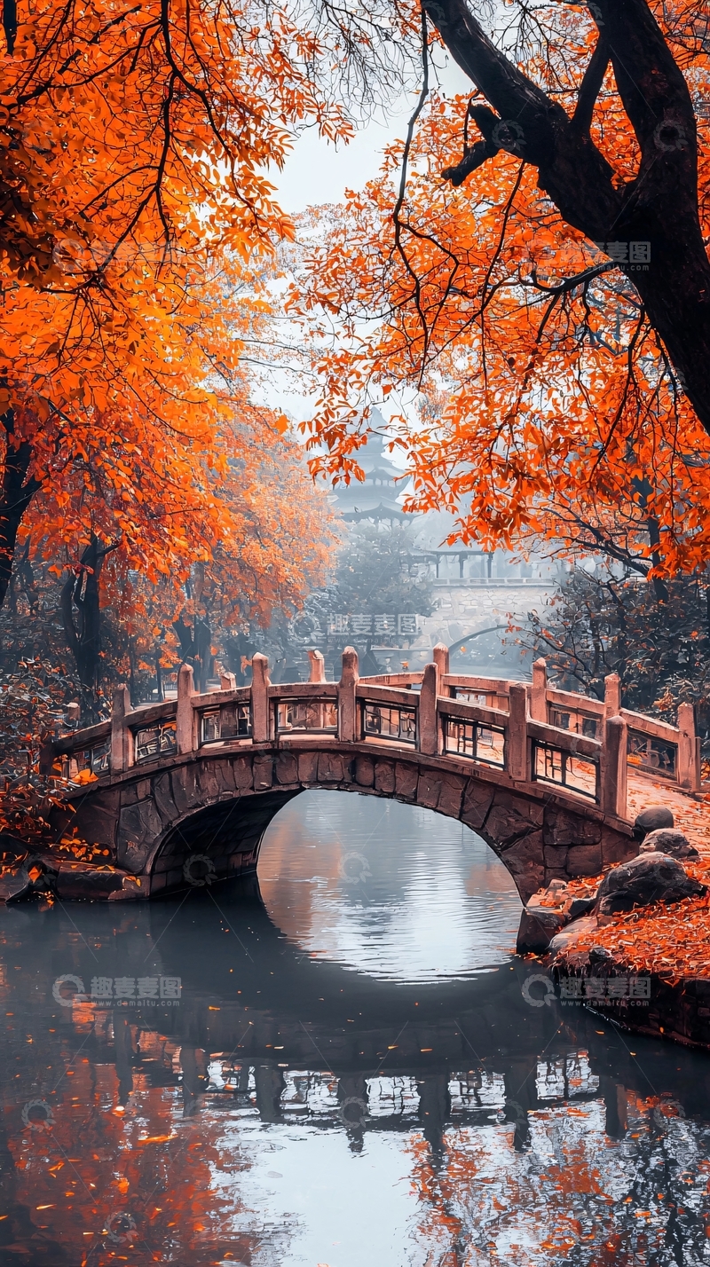 高清大图下载【趣麦麦图】秋日红叶古桥流水