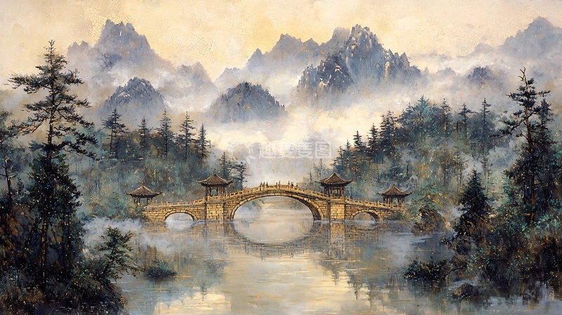 高清大图下载【趣麦麦图】水墨山水桥梁