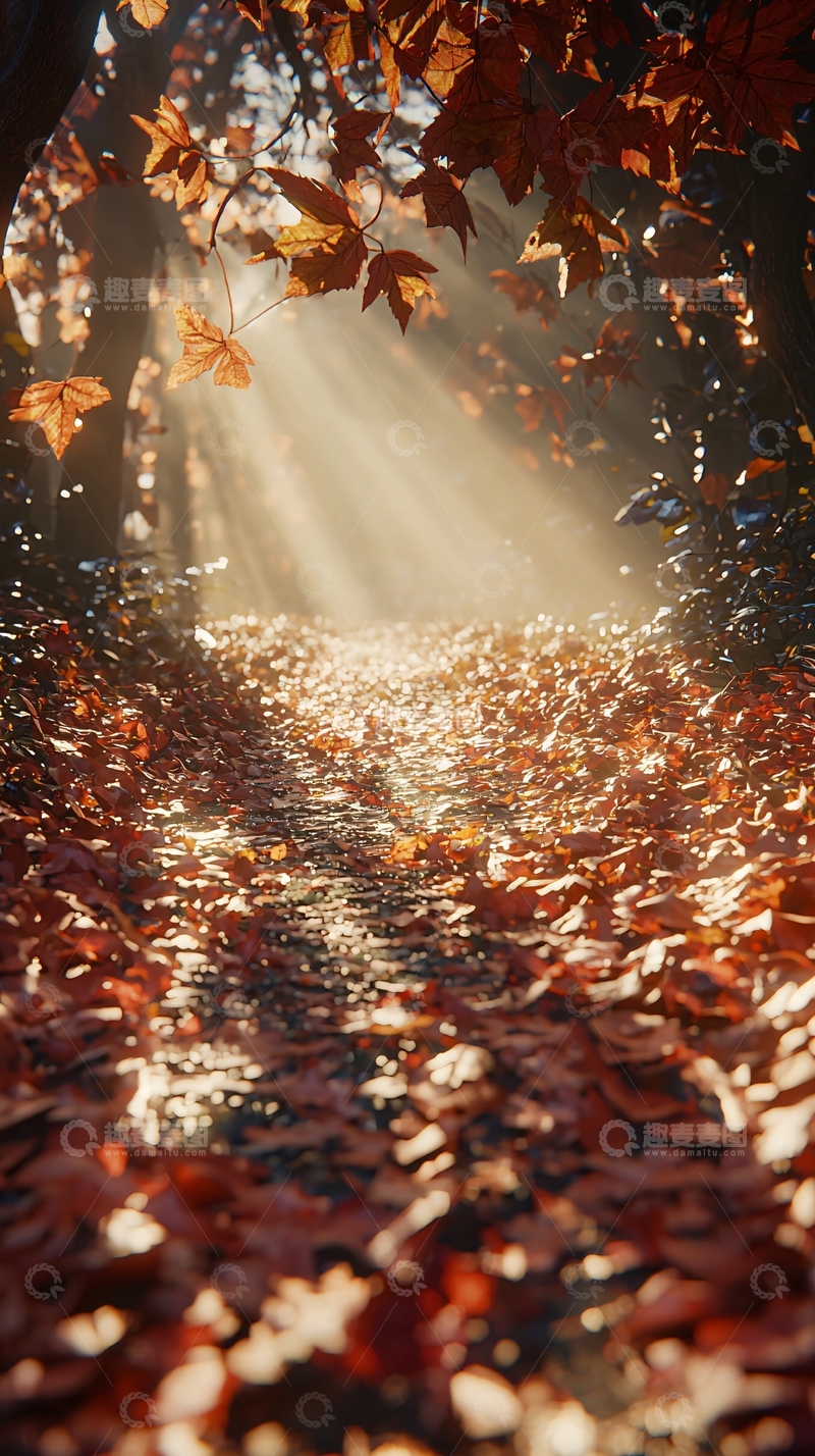 高清大图下载【趣麦麦图】阳光透过树叶洒在落叶小路上