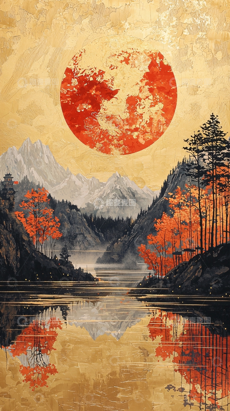 高清大图下载【趣麦麦图】红色月亮下的山水画