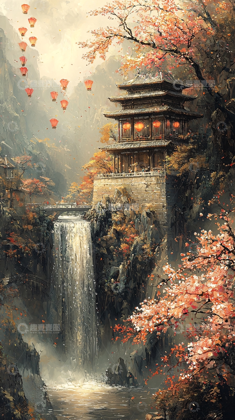高清大图下载【趣麦麦图】山间庙宇飞天灯笼