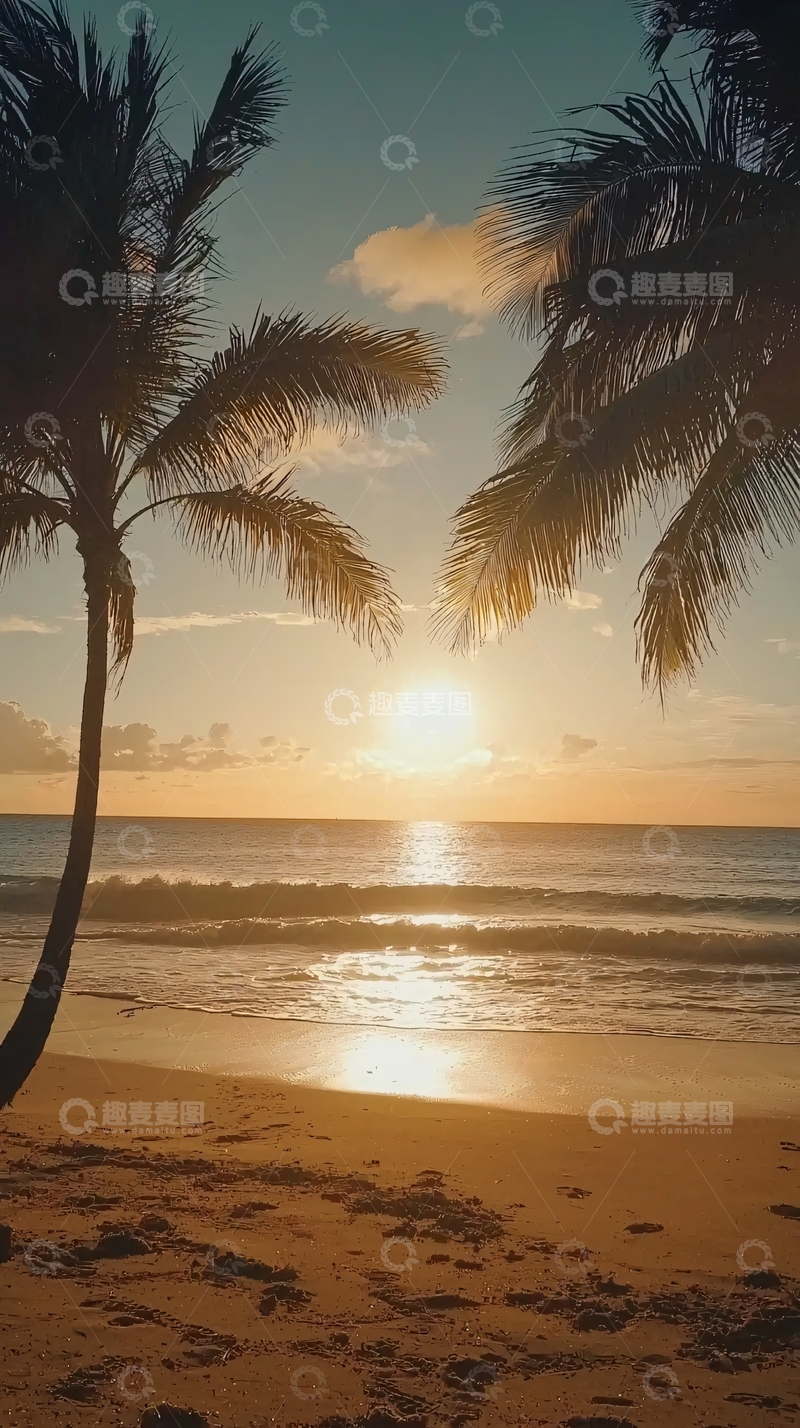 高清大图下载【趣麦麦图】海滩日落棕榈树剪影
