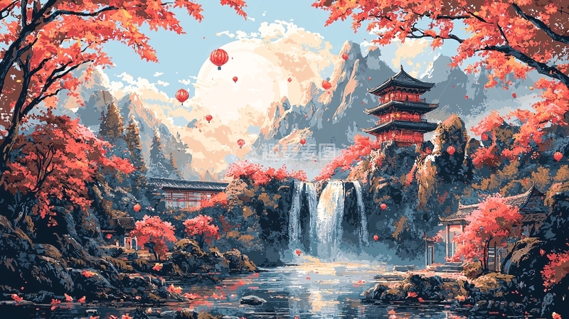 高清大图下载【趣麦麦图】秋日红枫山间庙宇