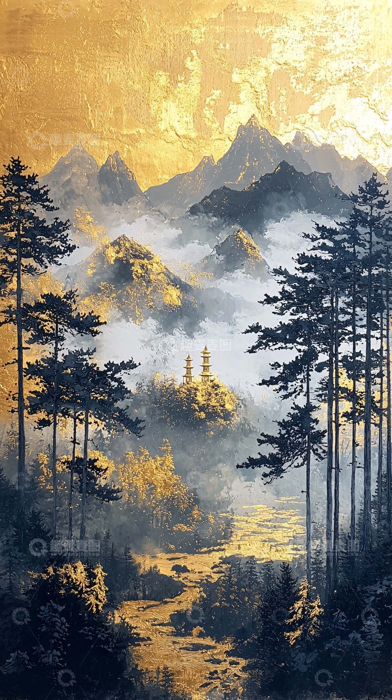 高清大图下载【趣麦麦图】金色山峰与雾气森林