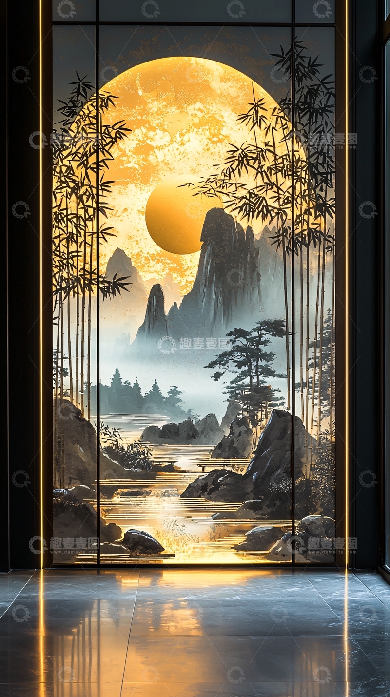 高清大图下载【趣麦麦图】金色月亮下的山水画