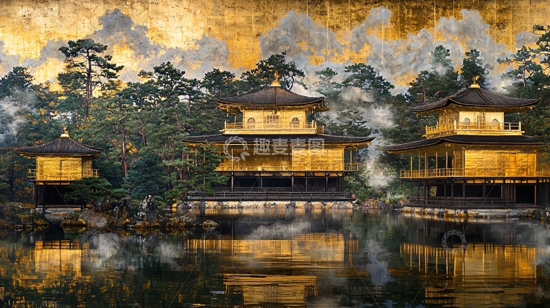 高清大图下载【趣麦麦图】金阁寺水面倒影建筑