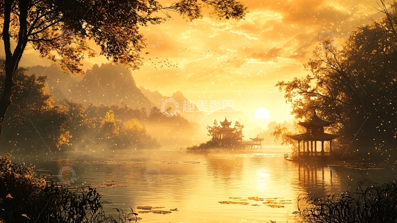 高清大图下载【趣麦麦图】金色夕阳下的湖光山色