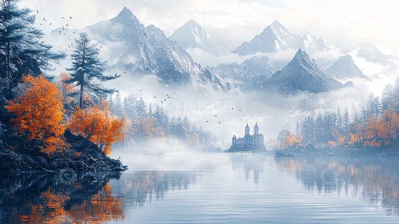 高清大图下载【趣麦麦图】秋日山湖城堡景色